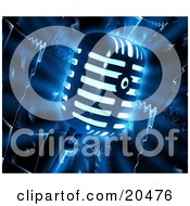 Clipart Illustration Of A Glowing Retro Microphone Over A Dark Liquifying Speaker Background