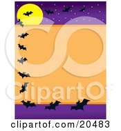 Silhouetted Vampire Bats Flying Around A Stationery Border Background With An Orange Center And A Purple Night Starry Sky With A Full Moon