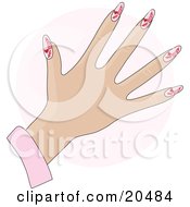 Poster, Art Print Of Clipart Illustration Of A Womans Hand With Pink Gel Acrylic Fingernails With Valentines Day Heart Designs After A Manicure Over A Pink Circle