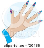 Poster, Art Print Of Clipart Illustration Of A Womans Hand With Gel Fingernails With Pink Butterflies Over Blue Over A Blue Circle