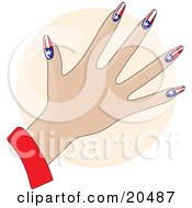 Poster, Art Print Of Clipart Illustration Of A Womans Hand With Acrylic Americana Stars And Stripes Fingernails After A Manicure Over A Tan Circle