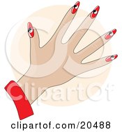 Clipart Illustration Of A Womans Hand With Red Gel Acrylic Fingernails With Black And White Yin Yang Designs After A Manicure Over A Tan Circle
