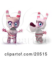 Poster, Art Print Of Two Pink Toy Cartoon Dogs Holding Their Arms Out And Making Funny Faces