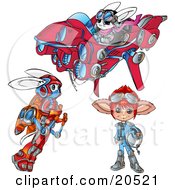 Poster, Art Print Of Three Rabbit-Like Aliens One Flying In A Suit One Standing With A Helmet And One Flying A Ufo