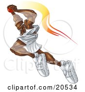 Ferocious Basketball Player Flying Through The Air With The Ball Over His Head About To Make A Slam Dunk During A Game