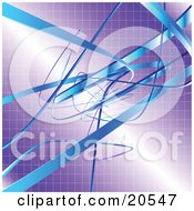 Poster, Art Print Of Background Of Blue Tape Tangling Curving And Winding Over A Purple Grid Background