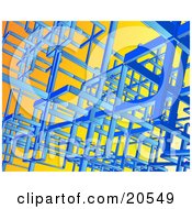 Poster, Art Print Of Blue Wires Connecting Together To Make Complex Shapes Over An Orange Background