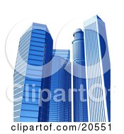 Poster, Art Print Of Tall Blue Glass Mirror Skyscraper Buildings Over A White Background