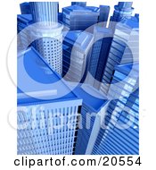 Clipart Illustration Of A Cityscape Of Blue Skyscrapers And Highrises