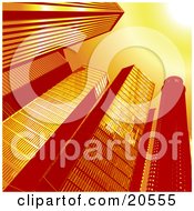 Poster, Art Print Of Upwards View Of Tall Glass Skycraper Buildings In A City A Sunburst In The Corner