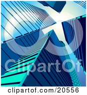Clipart Illustration Of A View Of Tall Blue Skyscrapers In A Cityscape