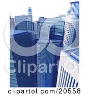 Poster, Art Print Of Cluster Of Blue Highrise Buildings In The Business District Of A City