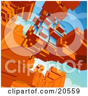 Poster, Art Print Of Background Of Orange Complex Cubes And Shapes Building Higher Into The Sky