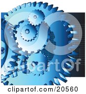 Group Of Blue Cogs And Gears At Work Over A Dark Blue Background With Grids