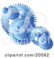 Poster, Art Print Of Blue Gears And Cogs Spinning Over A White Background Symbolizing Teamwork