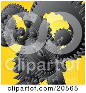 Clipart Illustration Of A Group Of Black Gears And Cogs Winding Over A Yellow Background by Tonis Pan