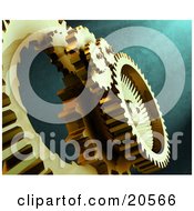 Poster, Art Print Of Golden Gears At Work Over A Textured Green Background