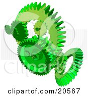 Green Cogs And Gears Working Together Over A White Background With A Grid