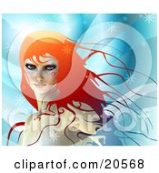 Gorgeous Red Haired Woman Standing In A Cool Winter Breeze Surrounded By Snowflakes