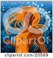 Poster, Art Print Of Beautiful Sexy Lady With Orange Hair Wearing A Tight Dress And Dancing In Confetti Over Blue