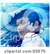 Poster, Art Print Of Pretty Blue Eyed Woman With Blue Hair Standing In A Cool Winter Breeze Surrounded By Snowflakes