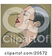 Clipart Illustration Of A Beautiful Black Haired Woman With Red Lips Closing Her Eyes And Leaning Her Head Back As Her Hair Sweeps Around Her Face In The Breeze