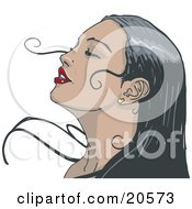 Black Haired Woman Wearing Red Lipstick Tilting Her Head Back And Closing Her Eyes While Enjoying A Soft Breeze