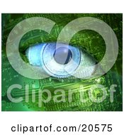 Clipart Illustration Of A Blue Camera Lens Eyeball In A Robot Face Made Of Green Circuits