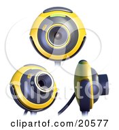 Clipart Illustration Of Three Yellow And Gray Webcams In Different Positions