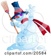 Jolly Wintry Snowman Wearing A Hat And Red Scarf And Holding A Broom