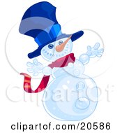 Poster, Art Print Of Happy Winter Snowman Wearing A Blue Hat And Red Scarf And Holding His Arms Out