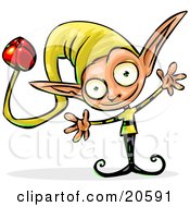 Clipart Illustration Of A Friendly Little Elf In A Yellow Suit And Hat With A Bell On It Holding His Arms Out by Tonis Pan