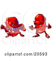Clipart Illustration Of Two Evil Red Monster Devils Baring Fangs And Holding Their Arms Out by Tonis Pan
