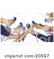 Clipart Illustration Of Anxious Hands Of News Reporters Holding Out Microphones And Recorders While Interviewing Someone About An Event by Tonis Pan #COLLC20597-0042
