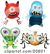 Poster, Art Print Of Four Scary Monsters Resembling A Devil Ghost Frog And Spider Over A White Background