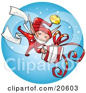 Festive Christmas Elf Carrying A Big Present Gift Wrapped In White Paper And Red Ribbon