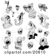 Clipart Illustration Of Ghosts And Skeletons In Black And White In Different Poses