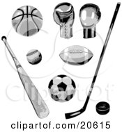Poster, Art Print Of Basketball Boxing Baseball American Football Hockey And Soccer Equipment