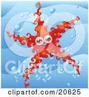Poster, Art Print Of Surprised Red Starfish With Elegant Arms In A Bubbly Ocean