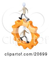 Clipart Illustration Of Two Business Men Running On A Cog Gear One In The Center One On Top Symbolizing Colleagues Or Opposition by 3poD