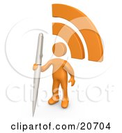 Orange Person Holding A Pen And Standing By An Rss Symbol On A Blog