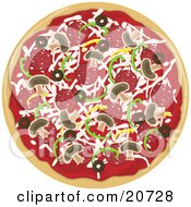 Clipart Illustration Of A Whole Round Pepperoni Mushroom Bell Pepper And Olive Supreme Pizza