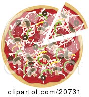 Poster, Art Print Of Supreme Pizza Pie With Pepperoni Bell Peppers Olives And Mushrooms And One Slice Seperated From The Pie
