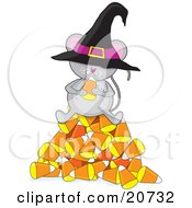 Cute Gray Mouse Wearing A Witchs Hat Sitting On Top Of A Pile Of Candy Corn And Eating Halloween Candy
