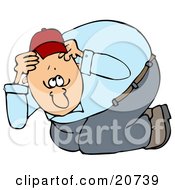 Clipart Illustration Of A Nervous Man Taking Cover Crouching And Covering His Head During An Eathquake by djart
