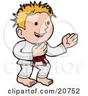 Clipart Illustration Of A Happy Karate Boy With Blond Hair Wearing A Red Belt And White Uniform And Standing In A Pose by AtStockIllustration