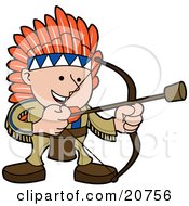 Clipart Illustration Of A Smiling Boy In A Native American Indian Costume Of Leather And Feathers Shooting An Arrow With A Cork On The Tip