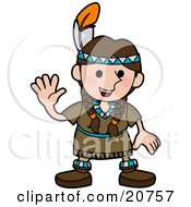 Poster, Art Print Of Friendly Girl In A Native American Indian Costume Made Of Leather And Beads Wearing A Feather In Her Hair And Waving