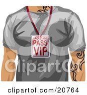 Casual Man With Tattoos Wearing A Gray T Shirt And A Vip Backstage Pass Around His Neck