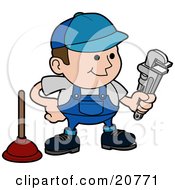 Poster, Art Print Of Friendly Male Plumber In A Blue Uniform And Hat Holding A Wrench And Standing By A Plunger